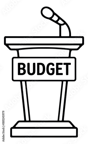 Line art illustration of a podium with budget text and microphone depicting a financial announcement for public discourse