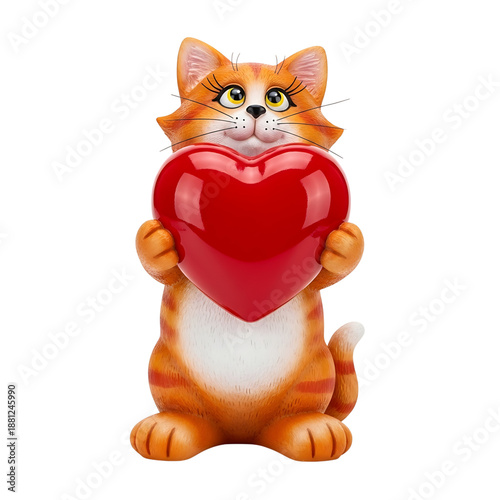 Adorable orange tabby cat holding a large red heart, expressing love and affection