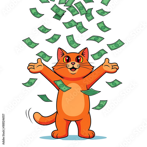 Jubilant cat celebrating with money