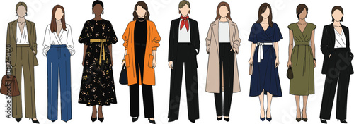 Set of diverse women fashion characters in stylish modern outfits including professional business suits elegant dresses and casual outerwear
