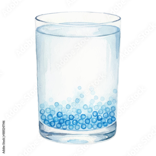Blue Caviar Fizz Cocktail Watercolor Vector Illustration with Bubble Pearls in Glass on White Background
