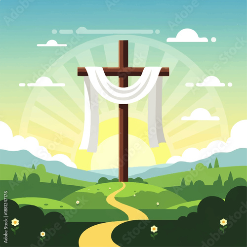 Vector flat design illustration of a serene landscape with a cross adorned with white cloth, set against a sunny sky with clouds and rolling hills in the background.