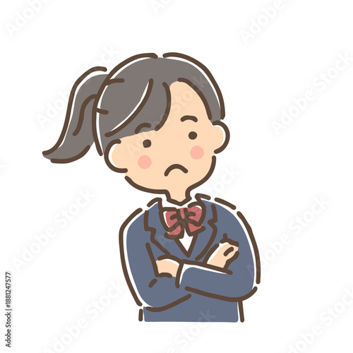 腕を組んで考え事をしている女子学生／単品