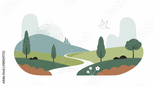 Stylized landscape with rolling hills and a winding river.