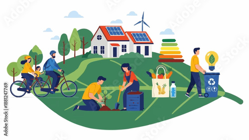 Sustainable living and eco friendly lifestyle illustration.