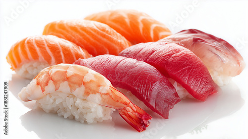 白い背景に並んだマグロやサーモンに海老など新鮮なネタが光る本格的な握り寿司の盛り合わせ