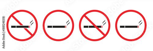 Set of no smoking vector icons. Stop smoke. Forbidden zone. Prohibit nicotine or tobacco. Vector 10 Eps.