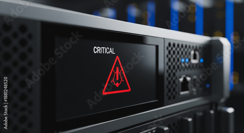 Critical system error warning displayed on a server screen in a data center, indicating a major security breach or hardware failure.