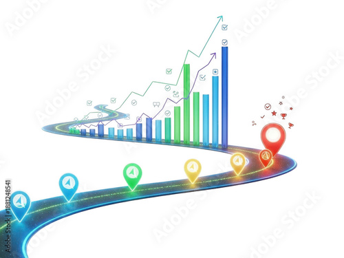 Growing graph with map pins isolated on transparent background