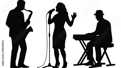 Silhouettes of musicians playing instruments and singing on stage together