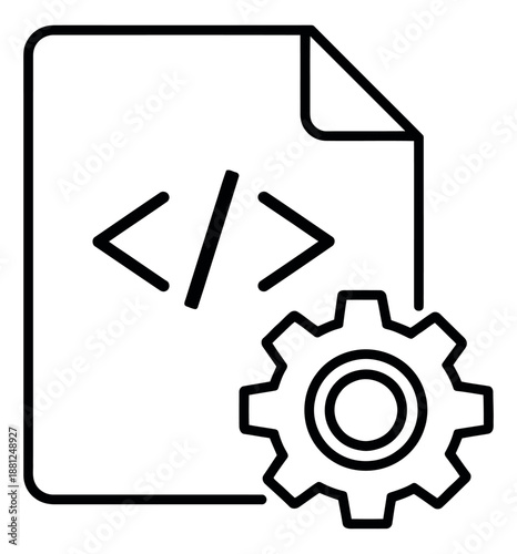 Line art illustration of a code document and gear depicting programming settings for web development