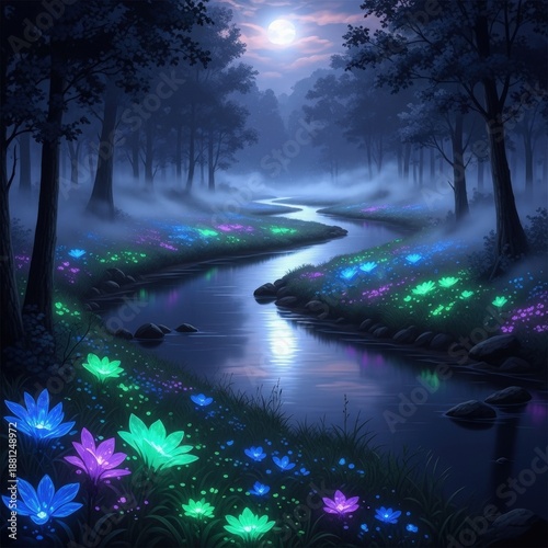 Mystical Forest with Glowing Flowers.