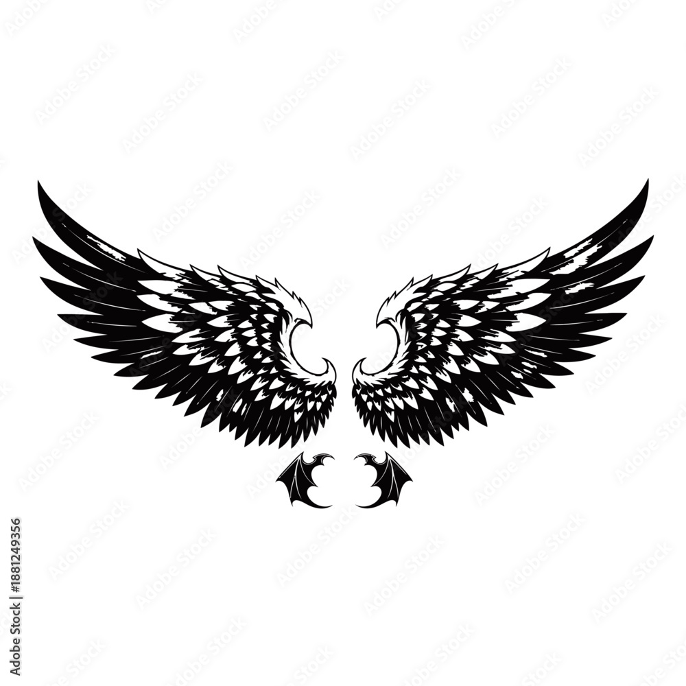Obraz premium A striking black and white illustration of a pair of large, feathered wings, with two small, clawed feet positioned below them.