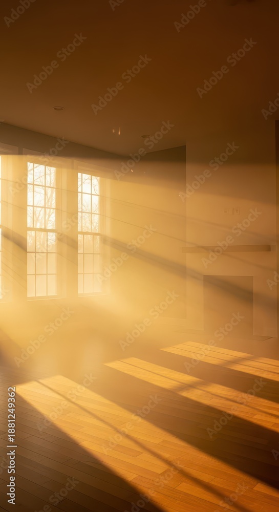 Fototapeta premium Intense golden sunlight streams through windows illuminating dust motes within an empty room