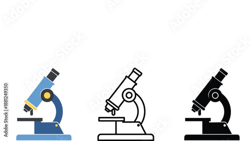 Three different colored microscopes on a white background for science and education