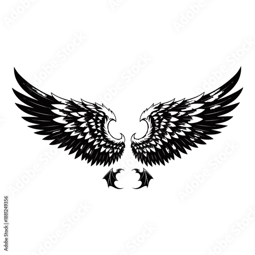 A striking black and white illustration of a pair of large, feathered wings, with two small, clawed feet positioned below them.