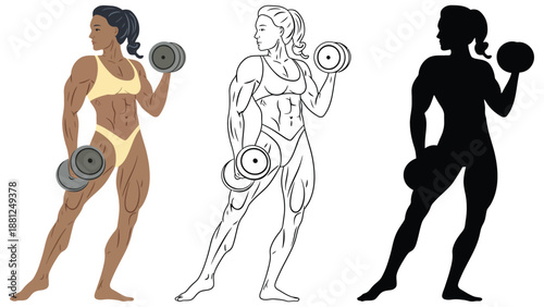 Three women in different fitness poses with dumbbells in a studio