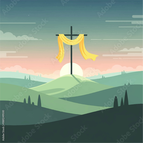 Vector flat design illustration of a cross with a yellow cloth draped over it, set against a serene landscape with rolling hills and a sunset sky.