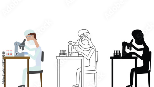 Three scientists working with microscopes in different illustration styles