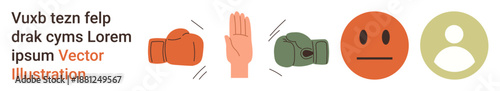 Sports equipment, gestures, user interaction, communication, symbols, instructional concepts. Boxing gloves, raised hand neutral face and user placeholder icon. Sports equipment and gestures