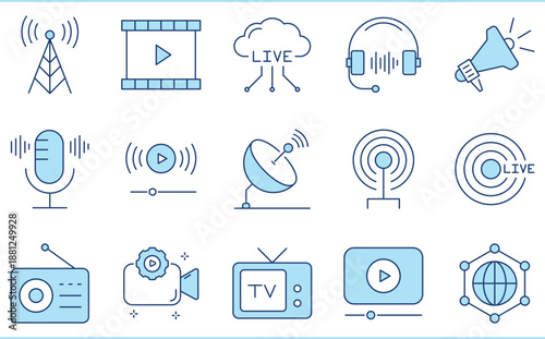 A set of flat icons related to Broadcasting. TV, radio, network, live, news, broadcast, stream, podcast, announce, and so on.