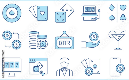 A set of flat icons related to Casino and Gambling. Games, luck, money, cards, drinks, roulette, poker, and so on.
