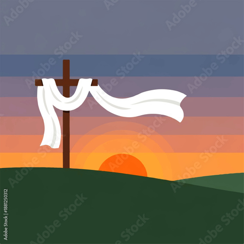 Vector flat design illustration of a white cloth draped over a cross on a hill at sunset with a colorful sky.