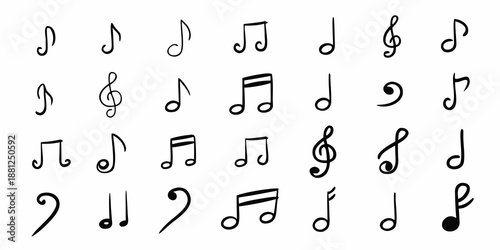 Collection of various hand drawn musical notes and symbols arranged on a white background
