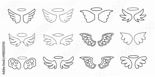 A collection of simple black and white angel wings and butterfly wing outlines
