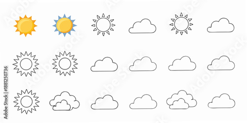 A collection of weather icons depicting suns and clouds in various styles