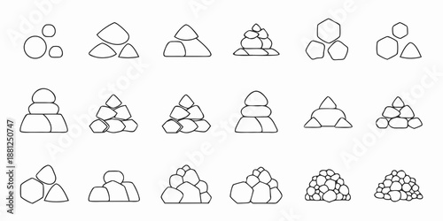 Arrangement of stacked stone cairns in varying sizes and configurations