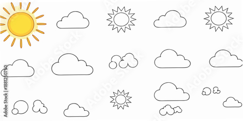 A collection of weather icons displaying suns and various cloud formations