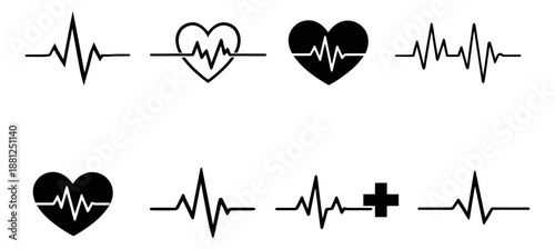 Line art heartbeat set featuring pulse wave patterns and heart shapes for medical and wellness designs