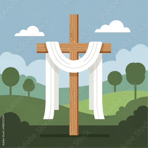 A Vector Flat Design Ilustration of a wooden cross with a white cloth draped over it, set against a serene landscape with rolling hills, trees, and a blue sky with clouds.
