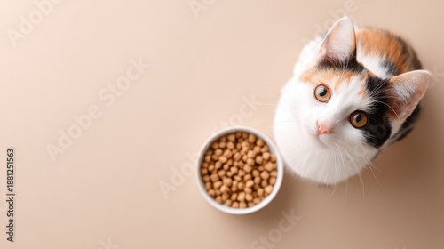 Calico cat looking up at the camera beside a bowl of dry cat food on a beige background with copy space for text or design