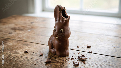 Milk chocolate Easter bunny with a bitten ear close up texture.