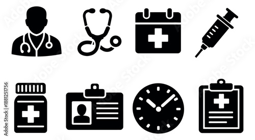 Solid medical icon set featuring a doctor, stethoscope, syringe, and essential healthcare elements for medical services and administration