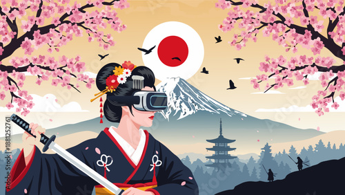 Vector illustration of a geisha wearing virtual reality headset with sword in front of Mount Fuji