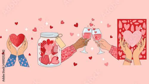 Valentines Day celebration with hearts and champagne.