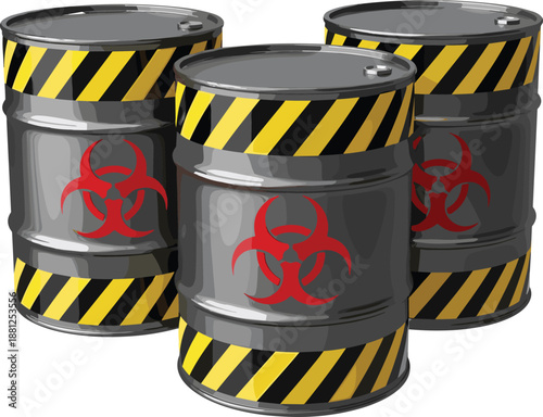 Hazardous waste barrels illustration, biohazard chemical drums with warning stripes, toxic industrial storage containers, danger safety concept vector artwork
