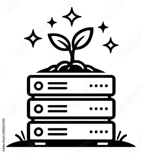 Line art illustration of a plant growing on server racks depicting sustainable data for green computing