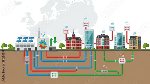 Smart City District Heating Network Using Renewable Energy and Central Plant Vector Diagram