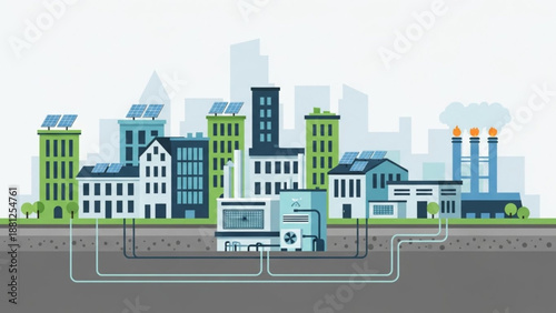 City Scale District Heating System with Renewable Energy Source and Underground Pipe Network Flat Vector Illustration