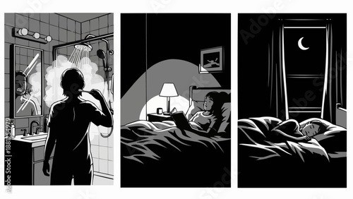 Triptych illustrating a persons nightly routine before sleep.