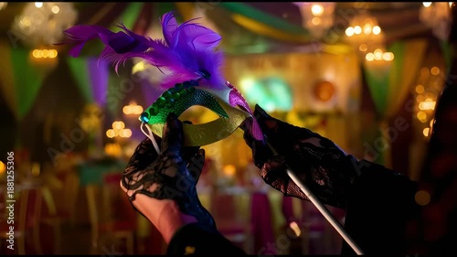 Hands holding colorful masquerade mask with vibrant feathers and decorative elements, showcasing intricate details and textures in a festive atmosphere, preparing for a lively celebration event