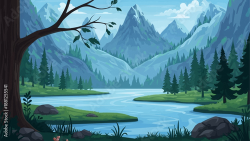 Vibrant mountain landscape with a serene river flowing through lush green valleys.