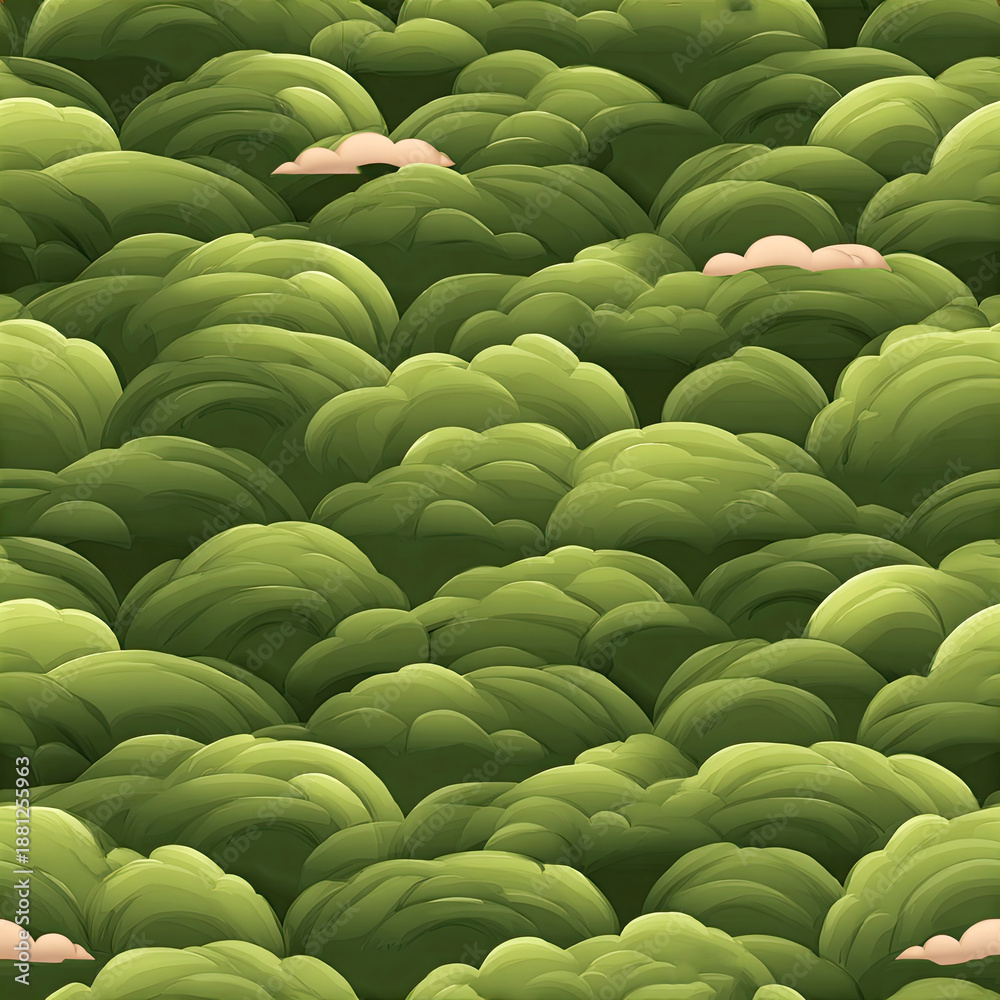 Obraz premium A vibrant, stylized depiction of lush green foliage with soft, rounded shapes and subtle clouds, creating a serene and inviting landscape. Ideal for wallpaper, fabric decor. seamless pattern 