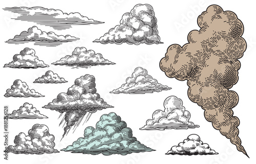 set of clouds in hand drawn vintage retro style isolated on white background. Cartoon design elements. Vector illustration.