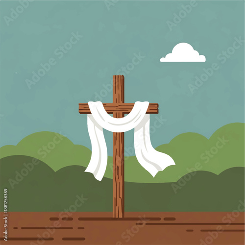Vector flat design illustration of a wooden cross with white cloth draped over it, set against a serene landscape with a cloud and green hills.