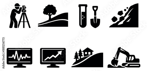 Solid icon set featuring surveying, geology, construction and environmental elements for science and industry